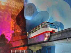 Picture of the Monorail passing through the Experience Music Project